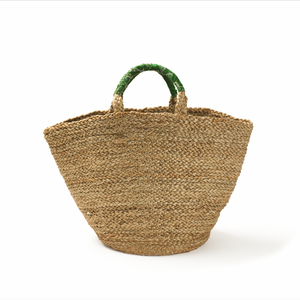 Small Woven Jute Basket with Green Handle