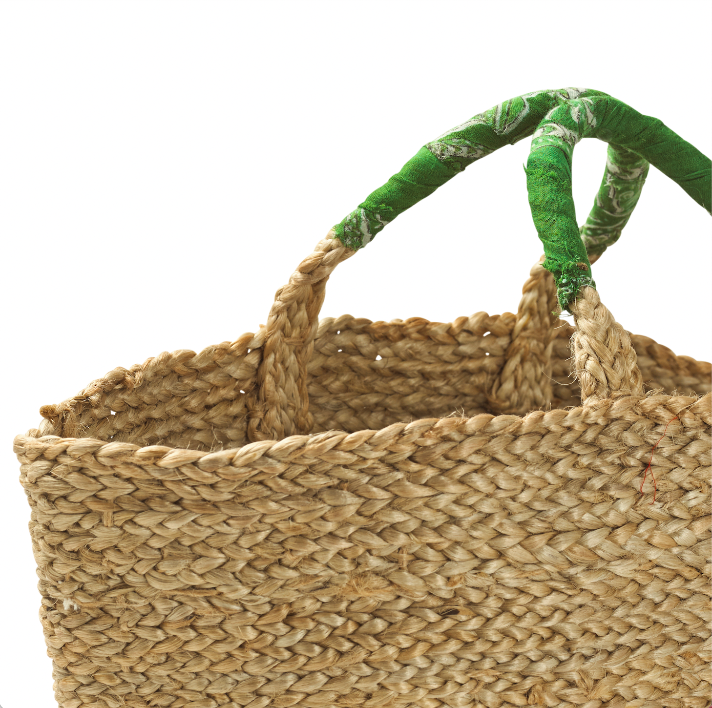 Small Woven Jute Basket with Green Handle