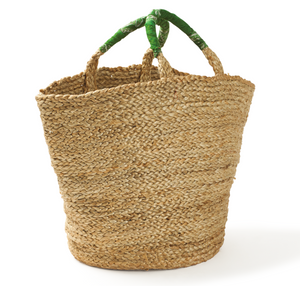 Small Woven Jute Basket with Green Handle