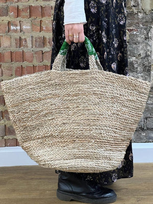 Large Woven Jute Basket with Green Handle